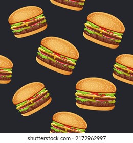 Black background with burgers. Vector stock illustration.Fast food. Seamless pattern. For textiles. Wallpaper