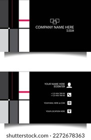 A black background business card with black, white,gray color shapes and a pink vertical line. 