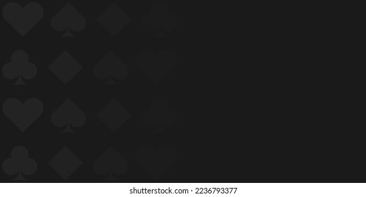 Black background with card suits fading into shadows. Spades, hearts, diamonds, clubs. Background for gambling, casino advertising, blackjack. Vector illustration.