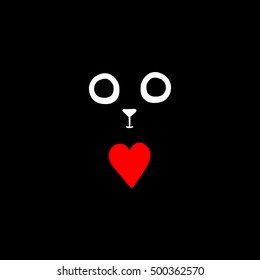 Black background. The cat's eyes and nose. Red heart. Isolated vector object on black background.