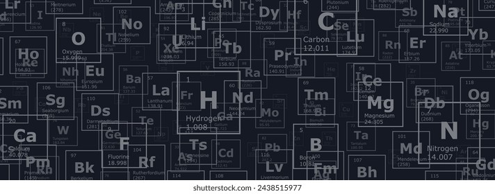 Schwarzer Hintergrund der chemischen Elemente des Periodensystems, Ordnungszahl, Atomgewicht, Name und Symbol des Elements