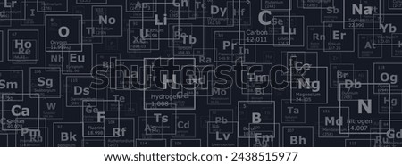 Black background of the chemical elements of the periodic table, atomic number, atomic weight, name and symbol of the element