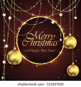 Black background with Christmas balls and golden stars, holiday decorations with inscriptions Merry Christmas and Happy New Year, illustration.