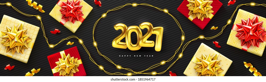 Black background for Christmas and Happy New Year poster with realistic red and golden gifts boxes and LED string lights on red background. 2021 realistic gold foil balloons. Vector promotion horizont