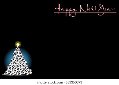 Black background with Christmas tree of soccer balls and Happy New Year. Vector illustration