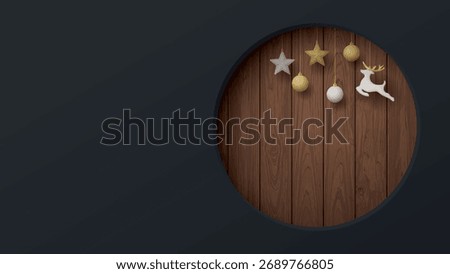 Black background with circle frame paper cut style have Christmas ornaments hanging inside and cut timber panels at the back graphic illustration have blank space.