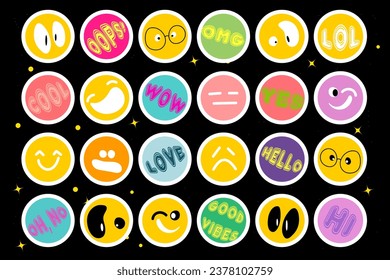 Black background with clockwork stickers. Collage of funny Y2k stickers. Vector design with funny faces.