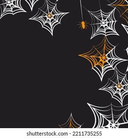 Black background with cobwebs and a spider hanging from a cobweb. Illustration for postcard, flyer, halloween banner.