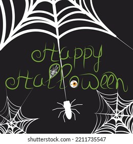 Fondo negro con telaraña y araña colgando de una telaraña con la inscripción feliz halloween. Ilustración para una tarjeta, invitación, volante, pancarta de halloween.