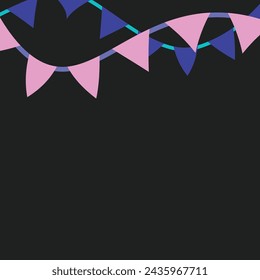 Black Background with Colored Festival Flags, Flat Style