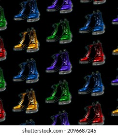 black background colorful boots pattern, t-shirt design, dr martens, vintage, classic, life style, 90s, male, female, Stiefel, bottes, laarzen