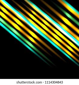 Black background with colorful bright lines diagonally. Gold and green colors.
