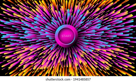 Fondo negro con salpicaduras de pintura coloridas y inicio de botón en la ilustración del vector medio.