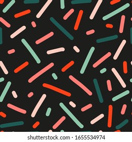 Black background with colorful stripes. Vector seamless pattern, can be used for fabrics, wallpaper, web, gift paper, card.  