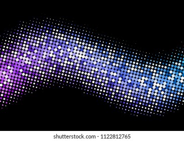 Black background with colorful wavy spectrum dotted pattern. Halftone effect. Vector pop art illustration.