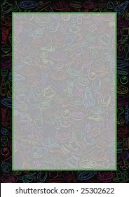 black background with coloured food sylmbols and a transparent frame with green border for content to be added