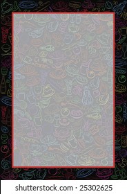 black background with coloured food sylmbols and a transparent frame with red border for content to be added