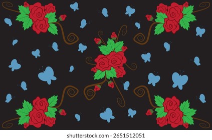Zwarte achtergrond bestaat uit rode bloemen en lichtblauwe vlinders.