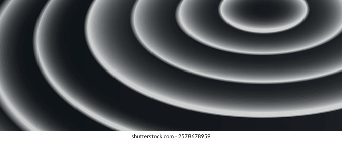 Black background with concentric circles. The background features a smooth, black texture with glowing white edges on the circles. Circular pattern background. Black background vector.