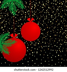 Black background with confetti, balls and branches christmas tree. Merry Christmas and Happy New Year.