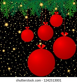 Black background with confetti, balls and branches christmas tree. Merry Christmas and Happy New Year.