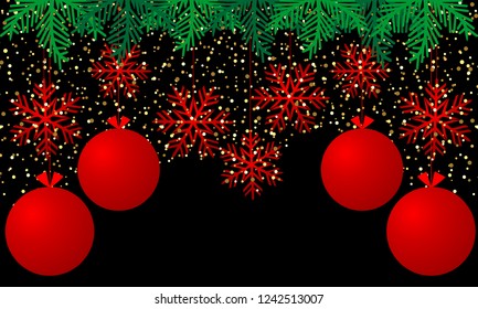 Black background with confetti, balls, snowflakes and branches christmas tree. Merry Christmas and Happy New Year.