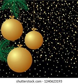 Black background with confetti, golden balls and branches christmas tree. Merry Christmas and Happy New Year.