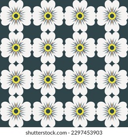 El fondo negro contrasta con las flores blancas y amarillas en este moderno y lúdico patrón vectorial floral con motivos intrincados y detallados, perfecto para la papelería serena, invitaciones de fiesta retro.