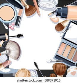 Black background with cosmetic objects for makeup frame on white paper