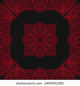 Black background, cover design, banner, logo. Geometric tribal red decorative pattern. Ethnic element. Ornaments, mandala, handmade East, Asia, India, Mexico, Aztec, Peru.