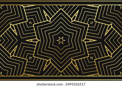 Black background, cover design, banner, logo. Geometric gold pattern. Tribal ornaments, mandala. Ethnic traditions of the East, Asia, India, Mexico, Aztec, Peru. 