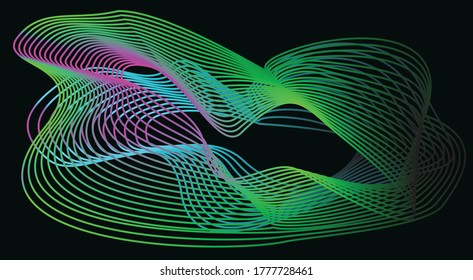Black background. Curved lines with color transition. curved circular lines