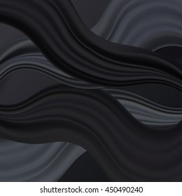 Black background with curves and waving lines resembling cloth, canvas, paint, silk or satin material. Abstract vector illustration