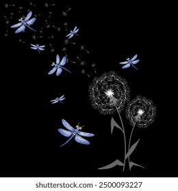 Black background with dandelions and dragonflies.Vector illustration with flying dragonflies and dandelions on a black background.