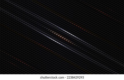 Black background. Dark carbon fiber texture with orange and white lines. Black metal texture steel background. Web design template vector illustration.