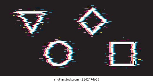 fondo negro con figuras geométricas en descomposición sobre una banda de color