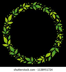 Black background with decorative circle frame of green leaves and dots for decoration, scrapbooking paper, sheet of book or notebook, wedding invitation, greeting card, text, family tree