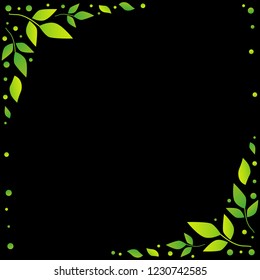 Black background with decorative edges with green leaves and dots for decoration, scrapbooking paper, sheet of book or notebook, wedding, invitation, greeting card, text
