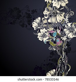 black background with decorative flowers