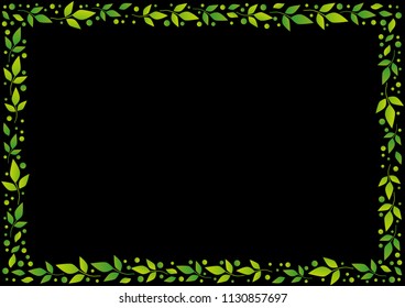 Black background with decorative frame of green leaves and dots for decoration, scrapbooking paper, sheet of book or notebook, wedding invitation, greeting card, text, family tree