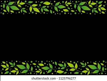 Black background with decorative stripes align top and below with green leaves and dots for decoration, scrapbooking paper, sheet of book or notebook, wedding invitation, greeting card, text