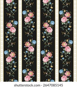 Black background with delicately shaded flowers creates an antique, nostalgic charm perfect for traditional interiors.