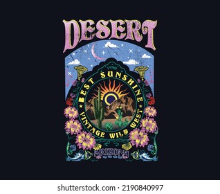 black background , Desert Arizona, best sunshine, vintage wild west, Desert Vector Artwork, Arizona adventure vector print design for t shirt, poster, batch, and others. Arizona desert vibes artwork 