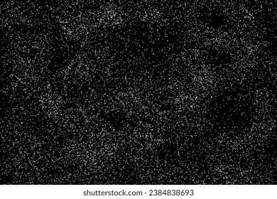 Black background with detailed white particles. Flying baking powder backdrop. Top view of sugar powder. Crushed pieces of chalk on dark.