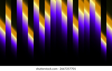 Fondo negro con rayas diagonales de gradiente violeta y amarillo. Las barras iridiscentes crean un efecto festivo similar al oropel, brillando con un sentimiento holográfico y de celebración.