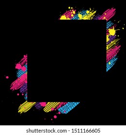 Black background with different color tire track silhouettes and square frame