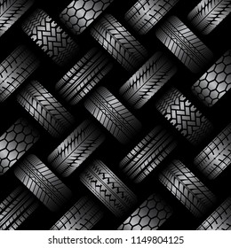 Black background with different white car tires silhouettes 
