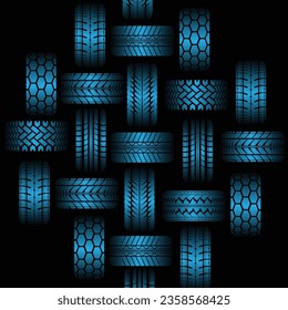 Black background with different white car tires silhouettes 