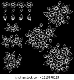 Black background with different white outline flowers and leaves