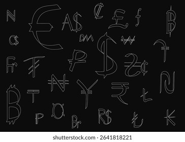 A black background displays an array of currency symbols alongside the letters A through L, representing global financial concepts. The minimalist design highlights monetary diversity with clean.